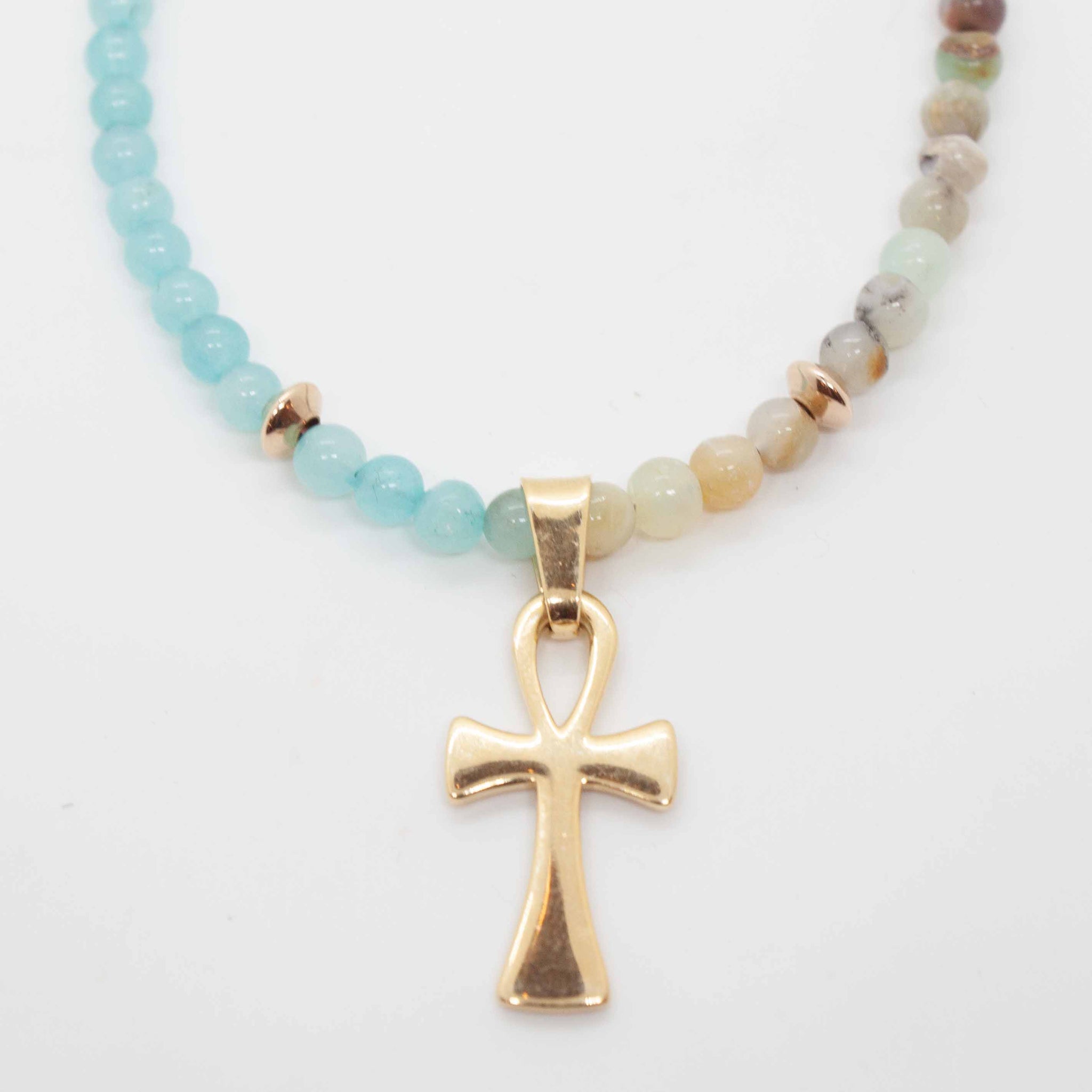 Jade and peruvian opal beaded necklace with gold ankh pendant.