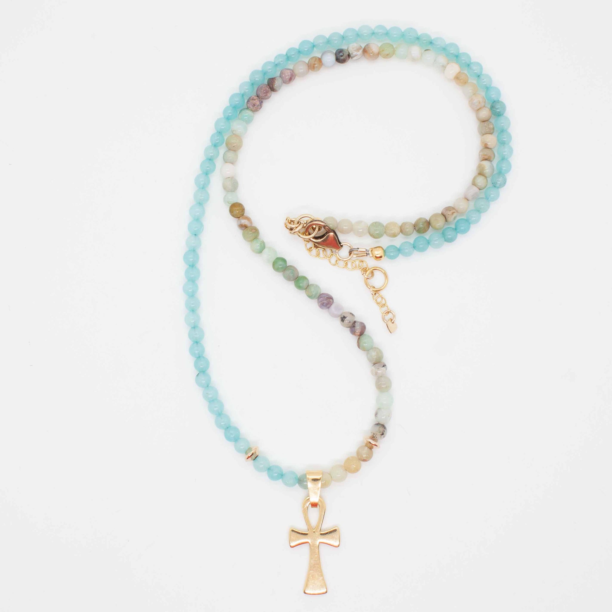 Jade and peruvian opal beaded necklace with gold ankh pendant.