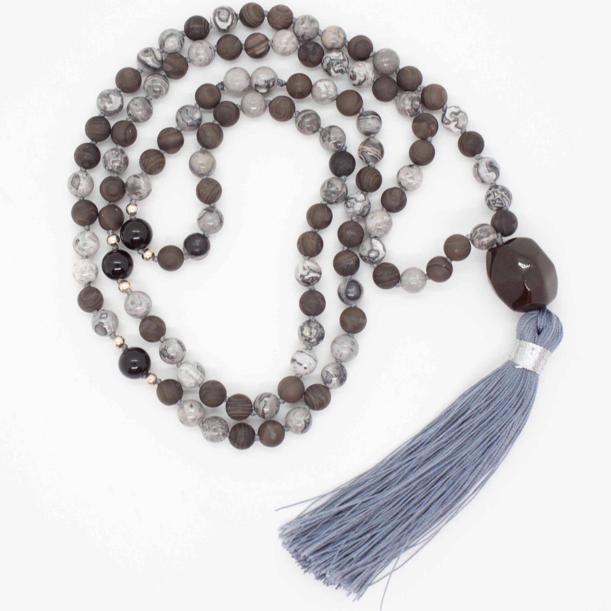 Map stone bead, coffee jasper, black onyx hand knotted  mala, 108 beads.