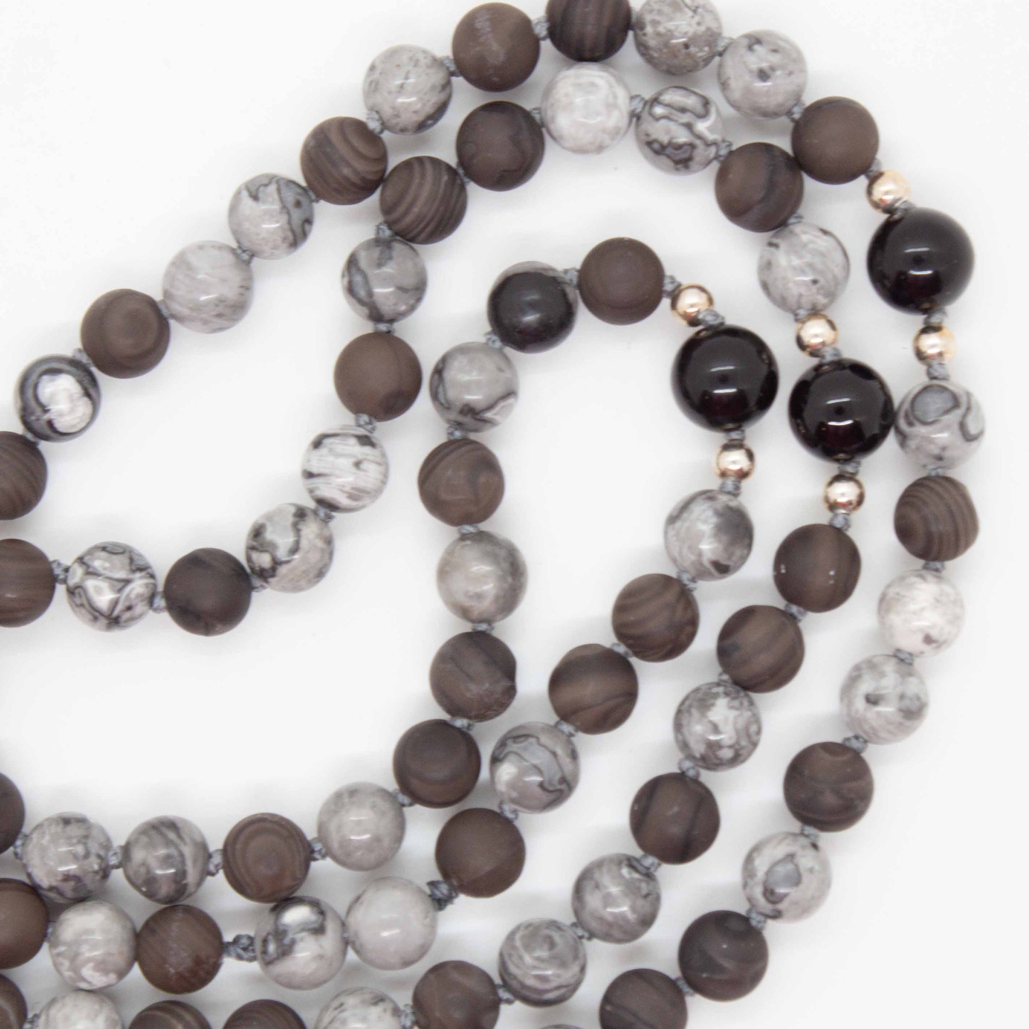 Map stone bead, coffee jasper, black onyx hand knotted  mala, 108 beads.