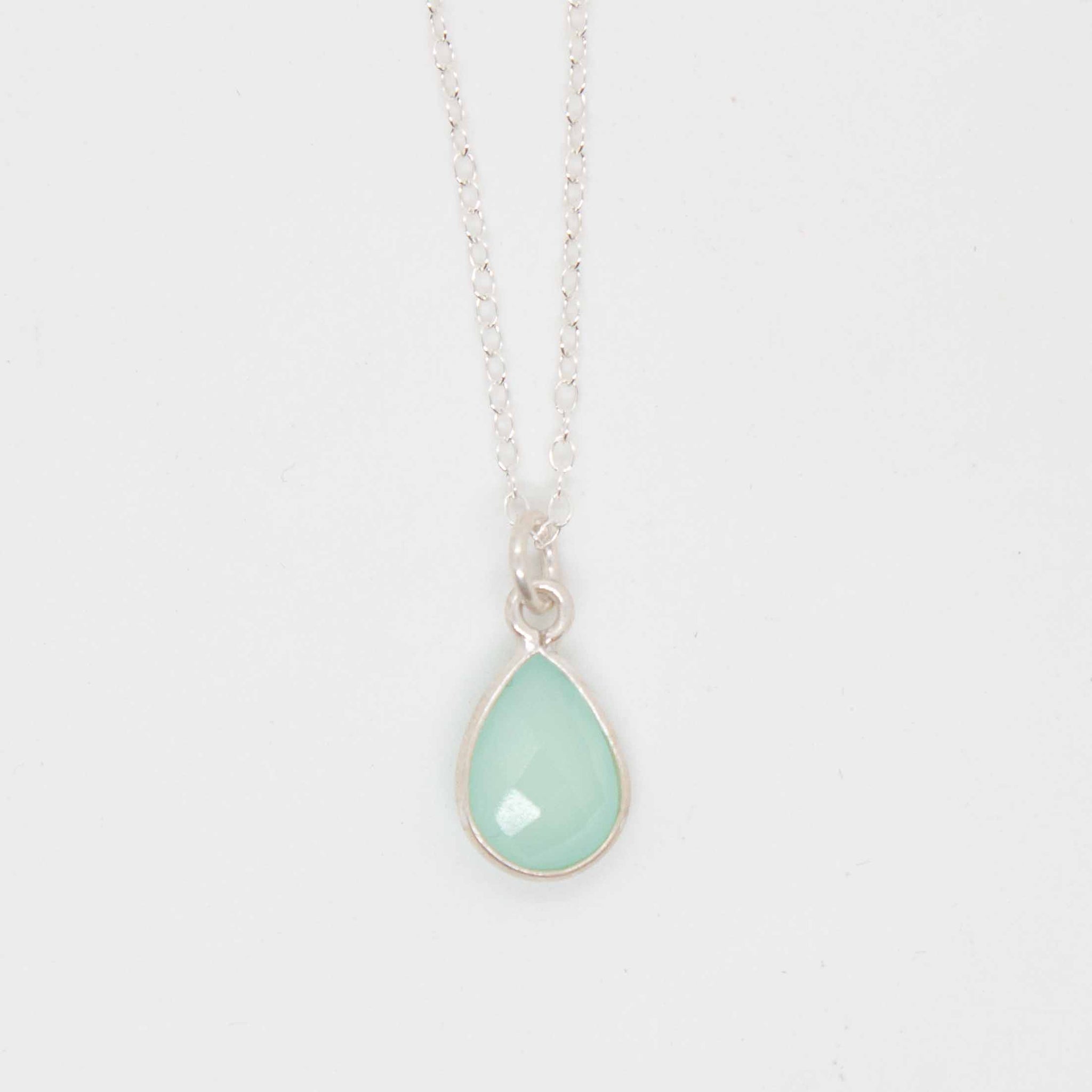 Summon the ocean with this classically beautiful chalcedony drop necklace. 18 or 20 inch sterling silver necklace with chalcedony drop pendant. Handmade in Toronto by kp jewelry co.