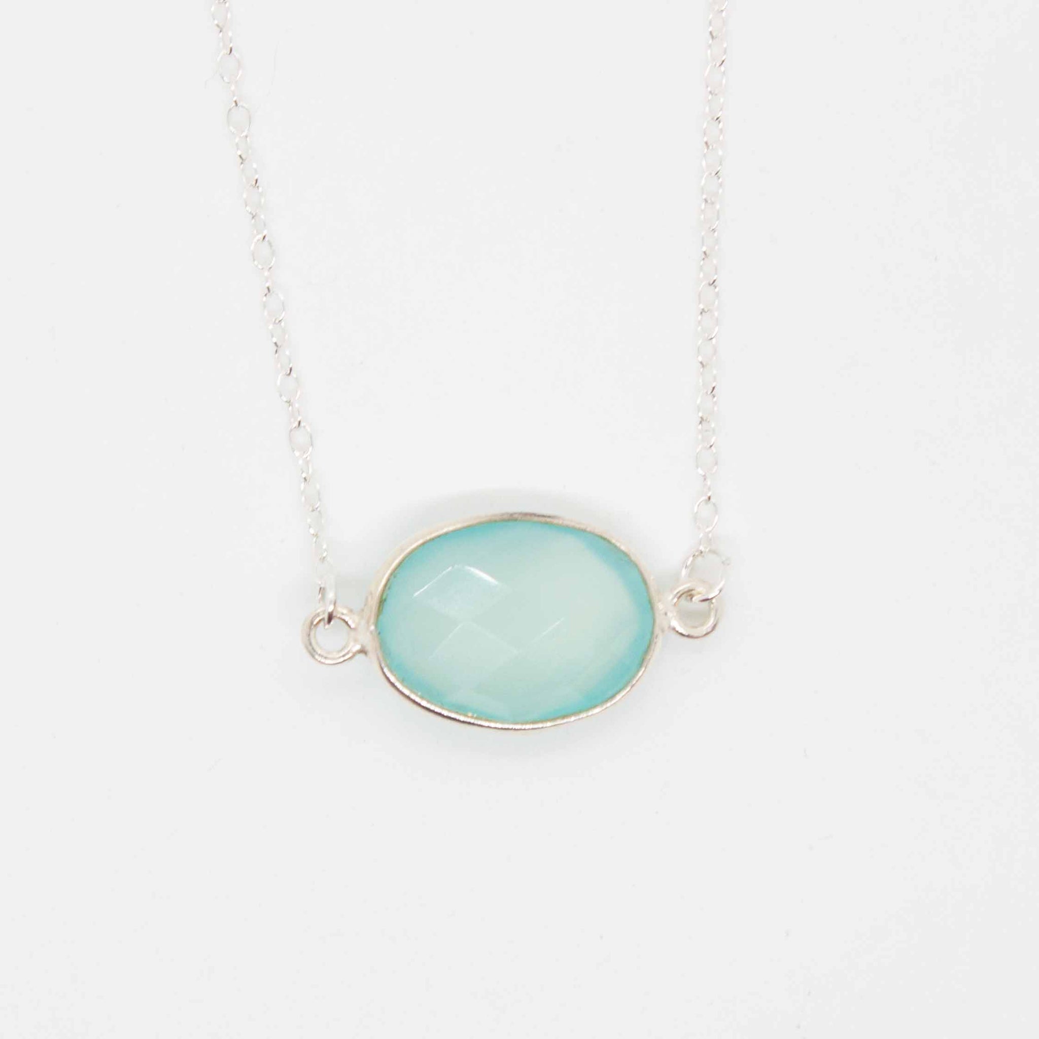 Summon the ocean with this classically beautiful chalcedony pendant necklace.  18 or 20 inch sterling silver necklace with oval chalcedony pendant. Handmade in Toronto by kp jewelry co.