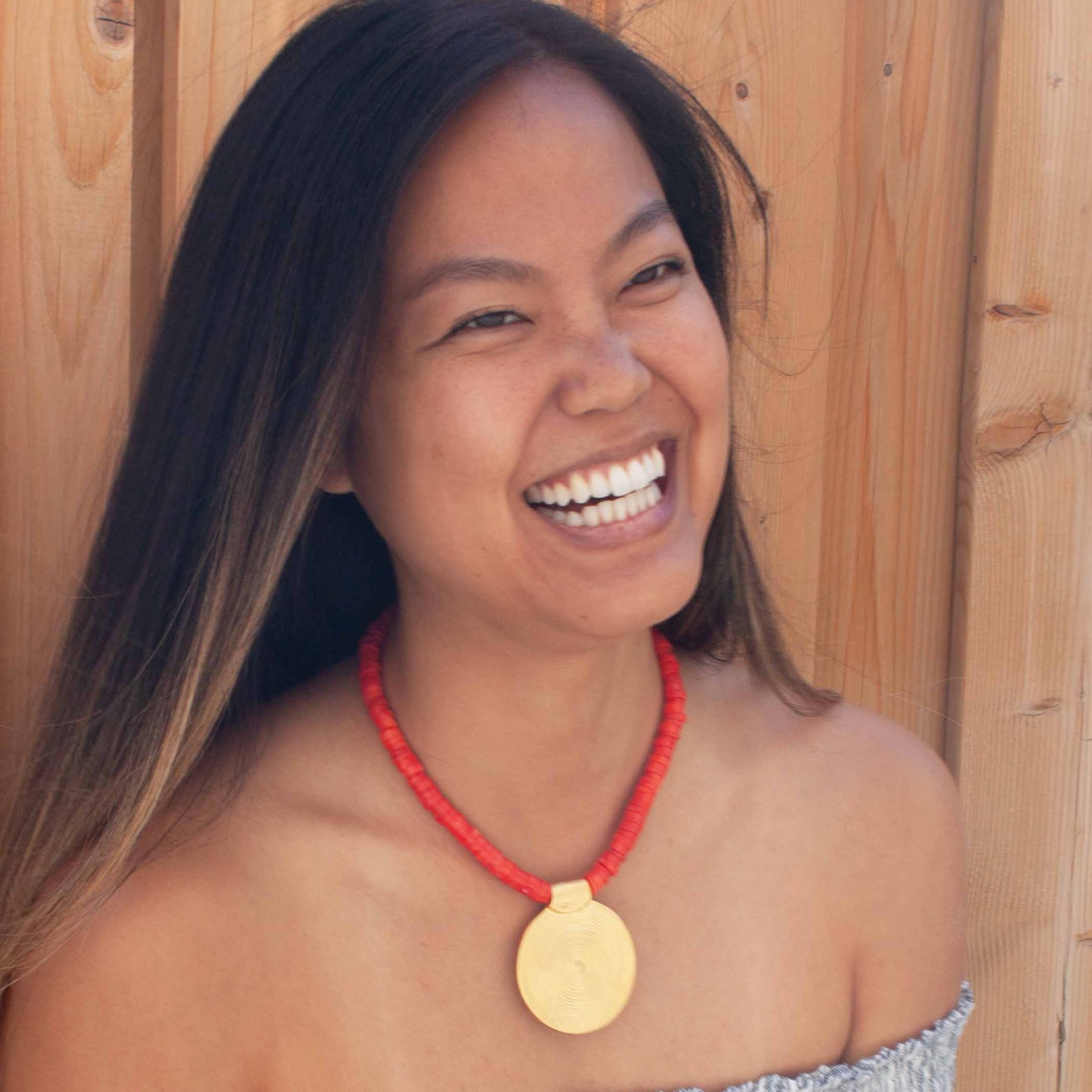 Make a bright and beautiful statement this summer with this eye catching neck candy! 16 inch (adjustable) synthetic* sea bamboo necklace with gold plated spiral pendant. Handmade in Toronto by kp jewelry co.  *synthetic sea bamboo contributes to the protection of the endangered bamboo coral species.