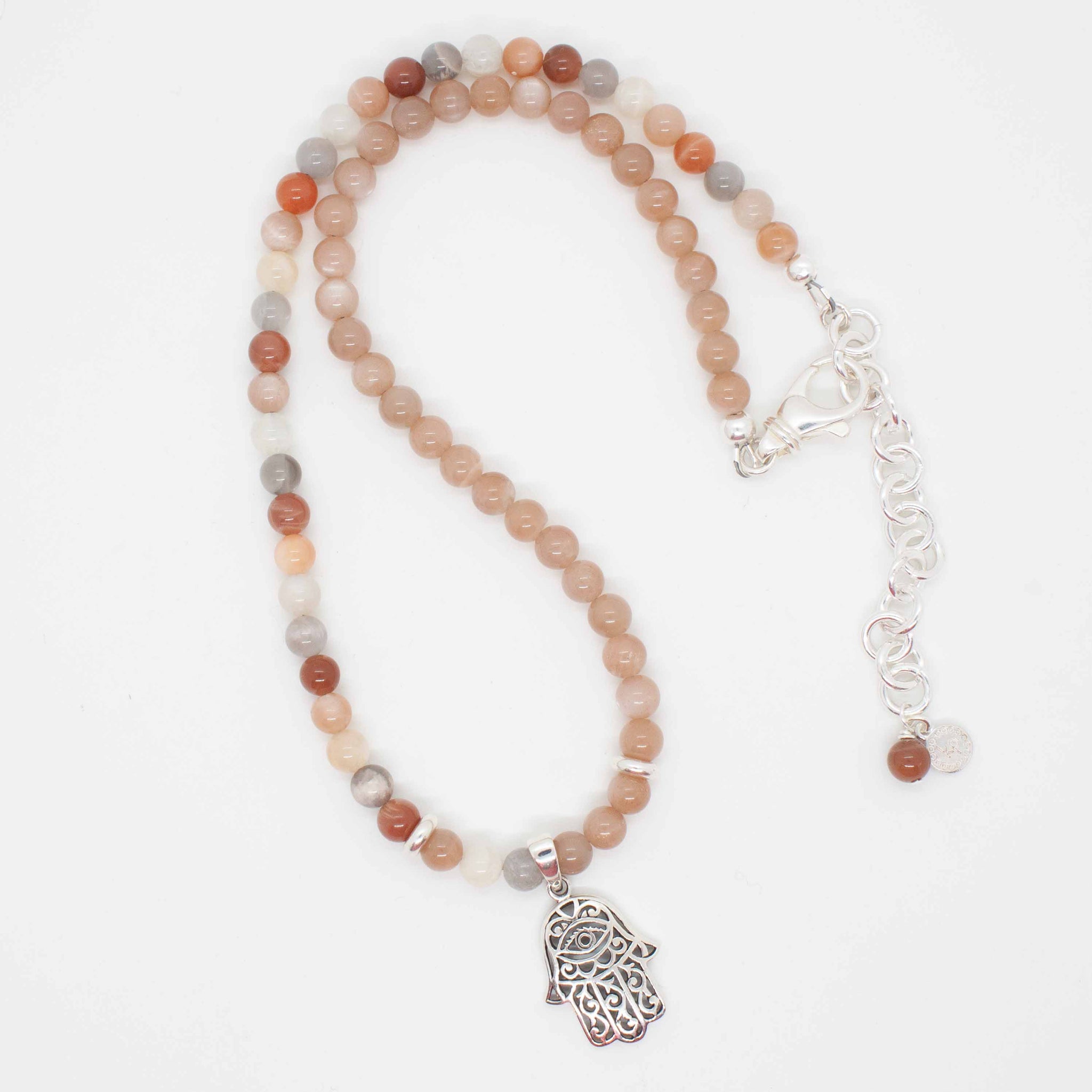 18 inch (adjustable to 20 inches) peach & mixed moonstone necklace with sterling silver hamsa charm