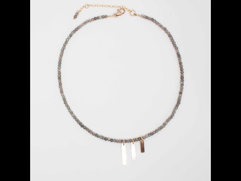16 inch (adjustable to 18 inches) beaded labradorite necklace with cascading gold filled bars and lobster clasp.