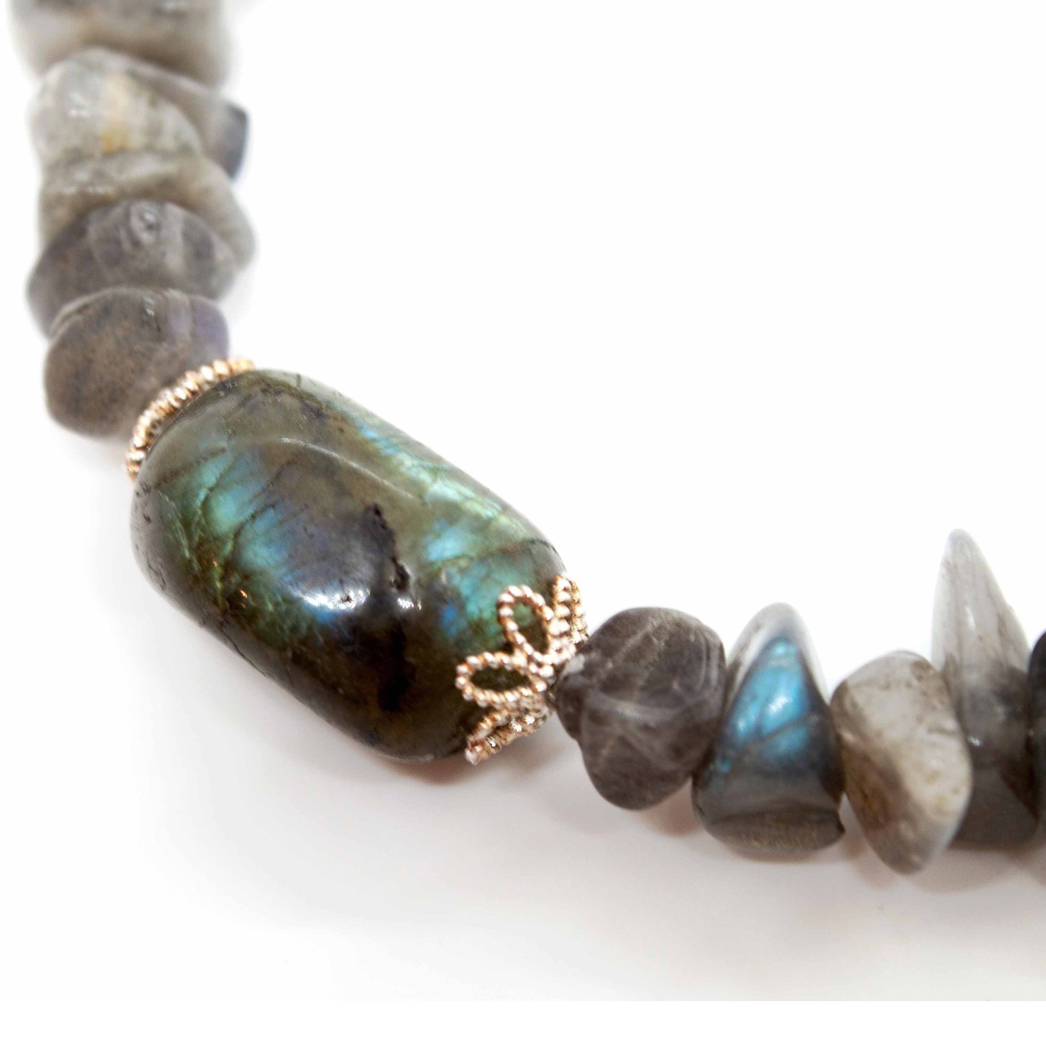 17 inch luminescent beaded labradorite statement necklace with sterling silver toggle clasp.