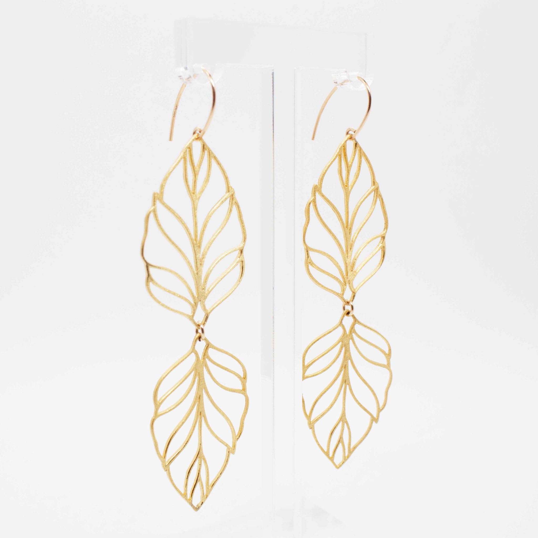 3 1/4 inch gold vermeil leaf statement earrings on 14 karat gold filled earring hooks.