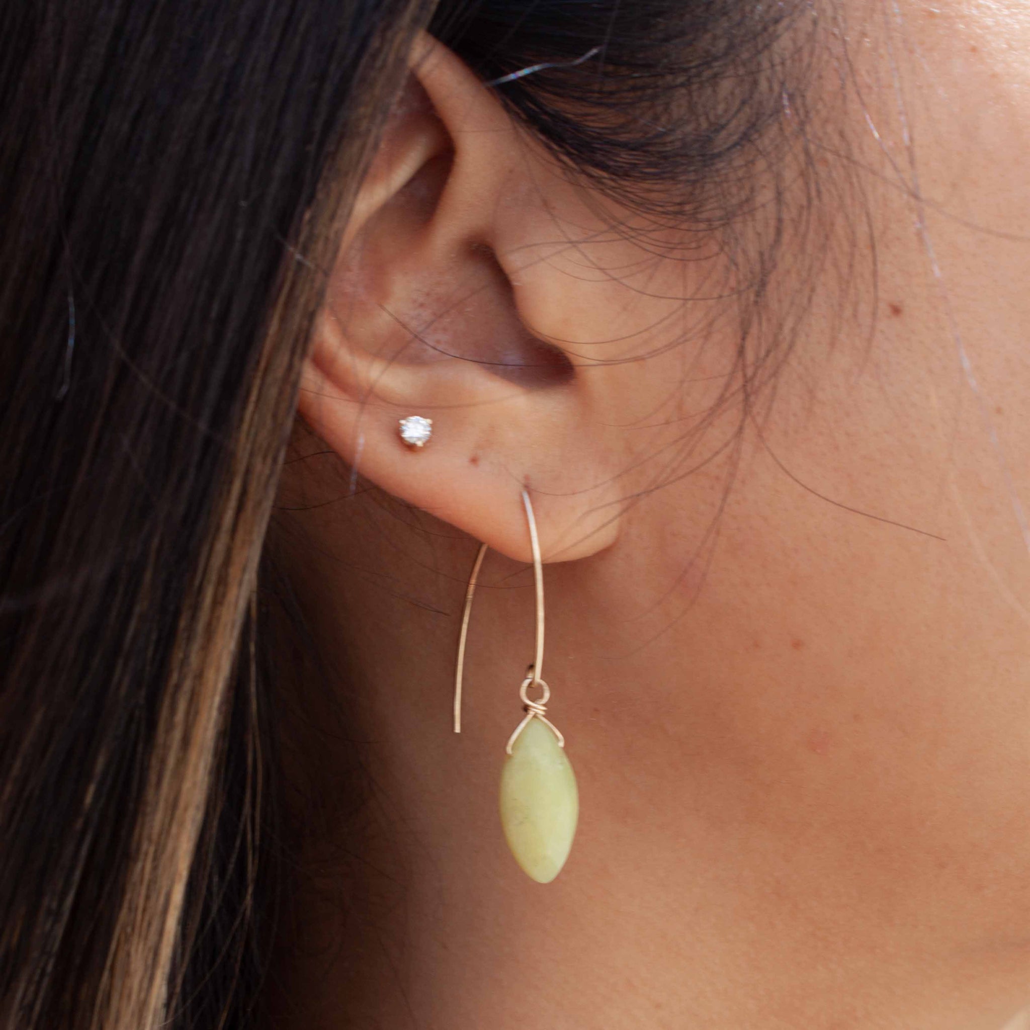 A unique 'pop' of lemon-lime colour to complement your summer whites (or blues, or pinks, or yellows....)! Gold filled earring hooks with olive jade charms, wrapped in 14 karat gold wire. Handmade in Toronto by kp jewelry co.