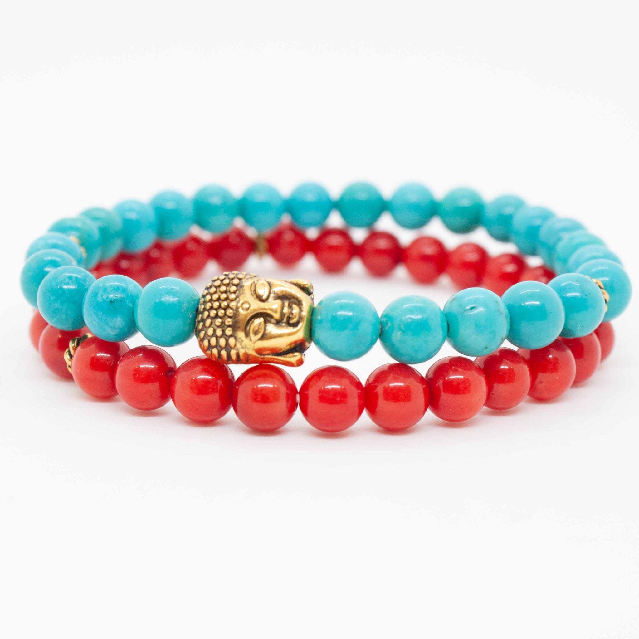 Our summer version of our best-selling buddha bracelet stack! Coral and turquoise complement each other beautifully in this fun yet soothing wristlet. Two 7 inch bracelets made with synthetic* turquoise & coral beads and brass buddha, double strung with silk elastic. Handmade in Toronto by kp jewelry co. *synthetic turquoise and coral are a cost efficient and sustainable alternative to the real thing.