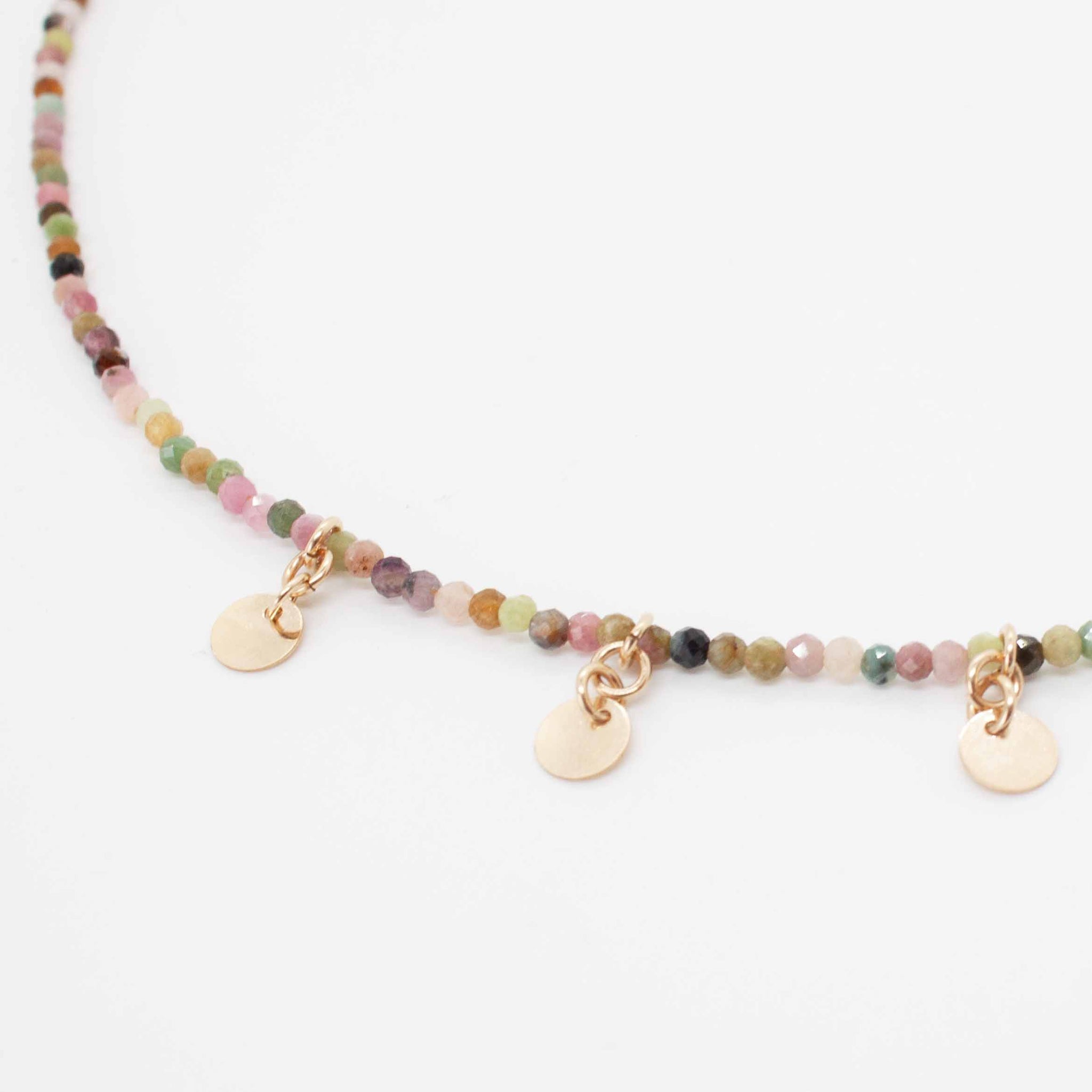 For LOVE of shimmering colour. 16" long (adjustable to 18") beaded rainbow tourmaline with gold disc charms. Handmade in Toronto kp jewelry co.