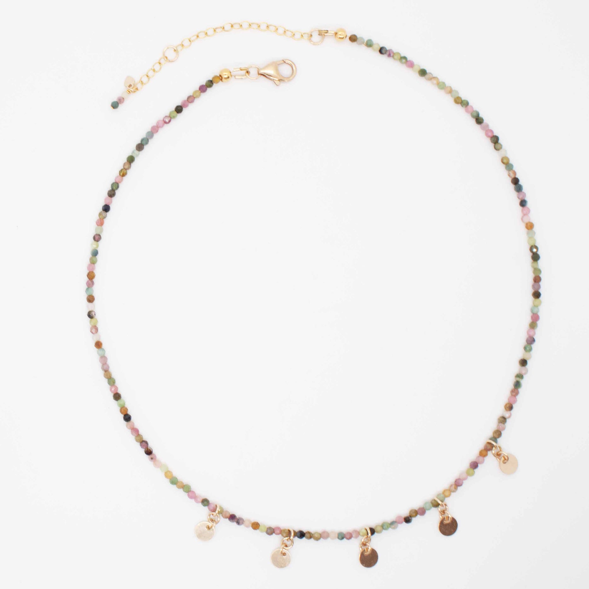 For LOVE of shimmering colour. 16" long (adjustable to 18") beaded rainbow tourmaline with gold disc charms. Handmade in Toronto kp jewelry co.